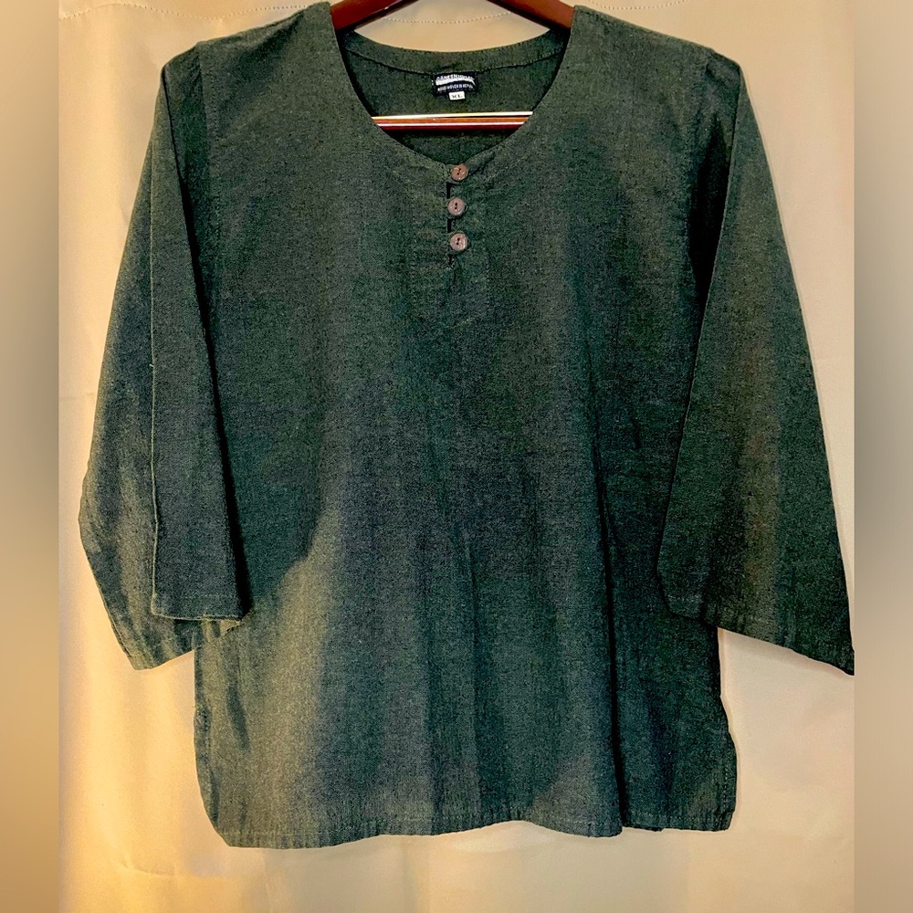 NWOT Ganesh Himal XL Hand Woven Brown/green 3/4 Sleeve Tunic Top. Boho. Hipster.